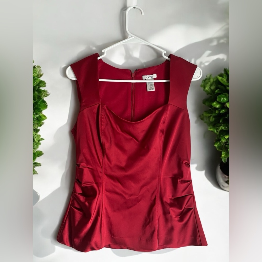 Cache Red Satin Tank Top with Side Ruching (M)
